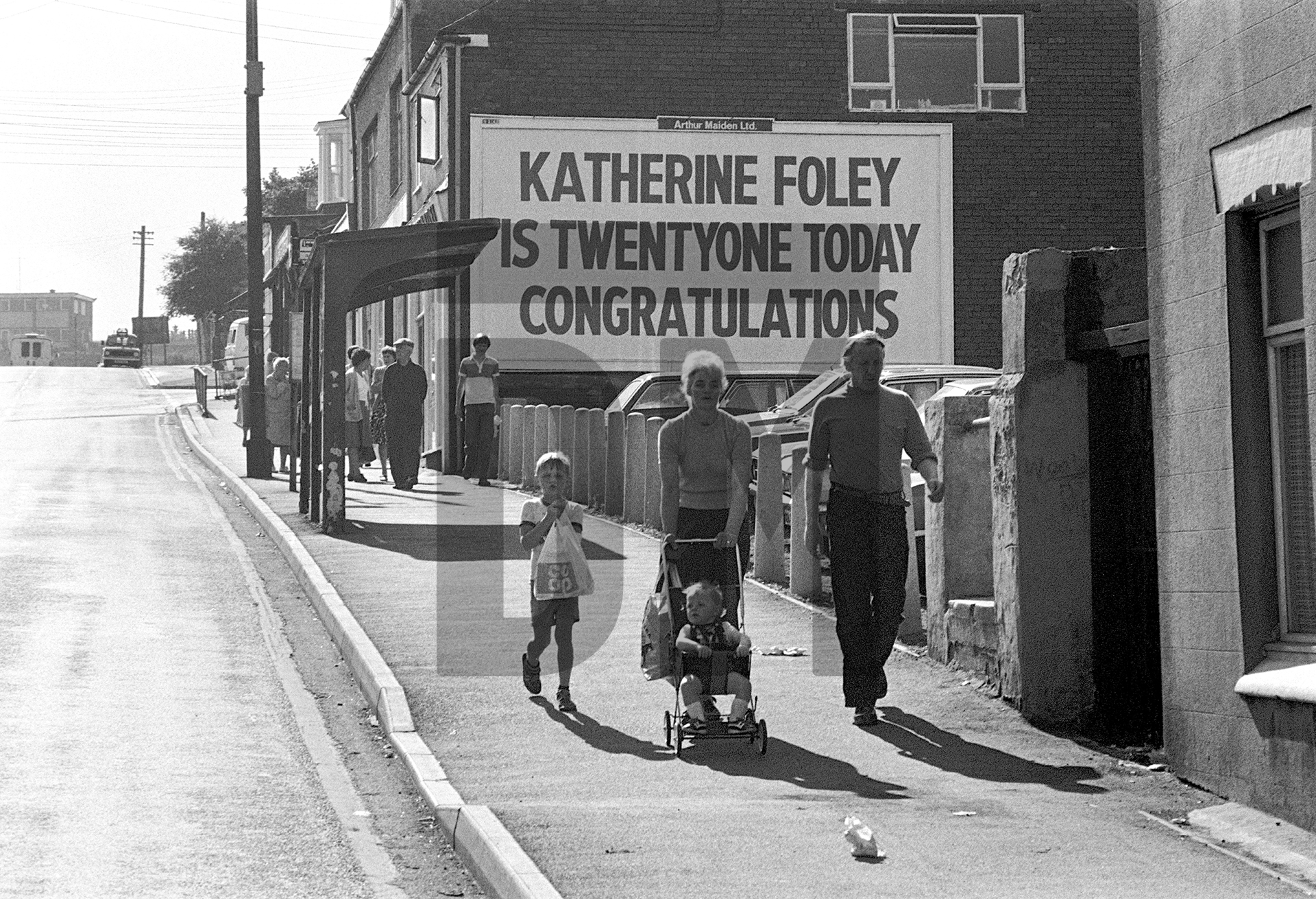 Hoarding with birthday message, Katherine Foley is 21 today, Spennymoor, Co. Durham. August 1981 by Daniel Meadows