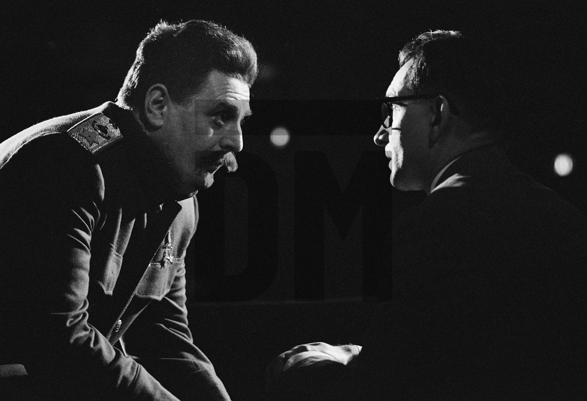 Terence Rigby [Stalin]. Ben Kingsley [Dmitri Shostakovich]. Location: Alhambra Theatre, Bradford. February 1987 by Daniel Meadows