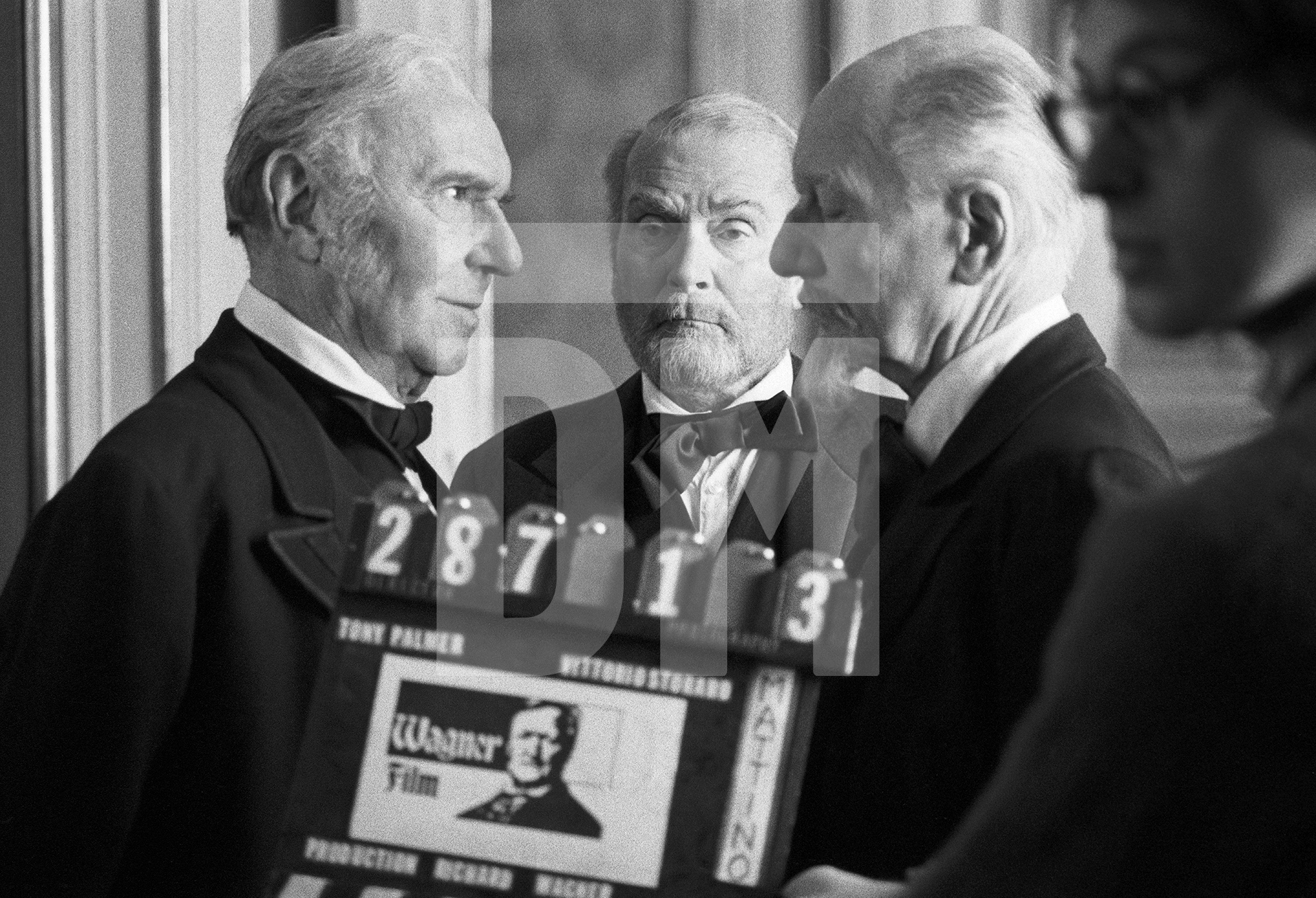 Sir Ralph Richardson [Pfordten], Lord Olivier [Pfeufer], Sir John Gielgud [Pfistermeister] officials at the court of mad’ King Ludwig II of Bavaria, on set at the Hofburg Palace, Vienna. January 1982 by Daniel Meadows